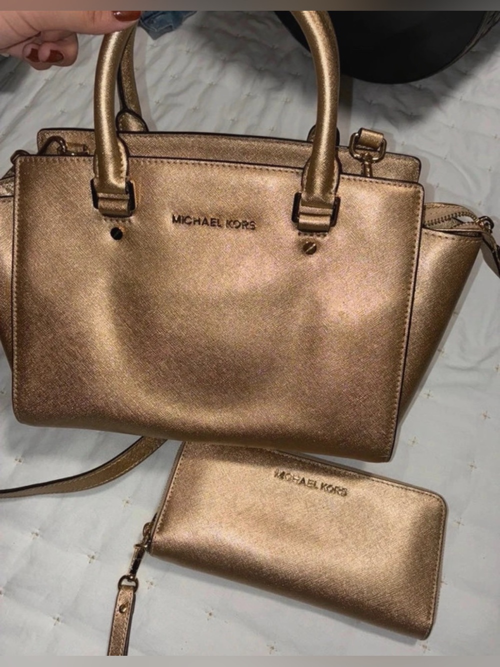 Michael Kors Metallic Gold Saffiano Satchel and Zip Wallet